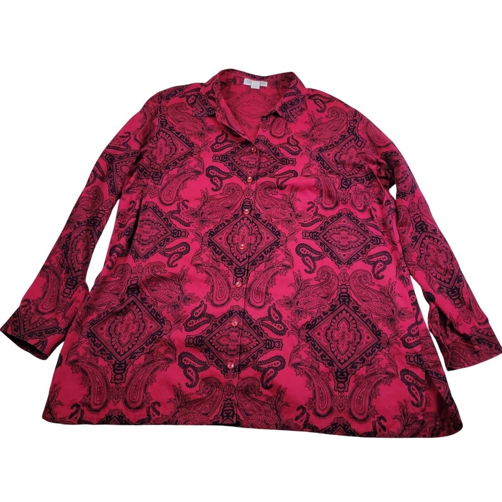 Coldwater Creek Button Down Women 1X 18 Red Black Paisley No Iron Cotton